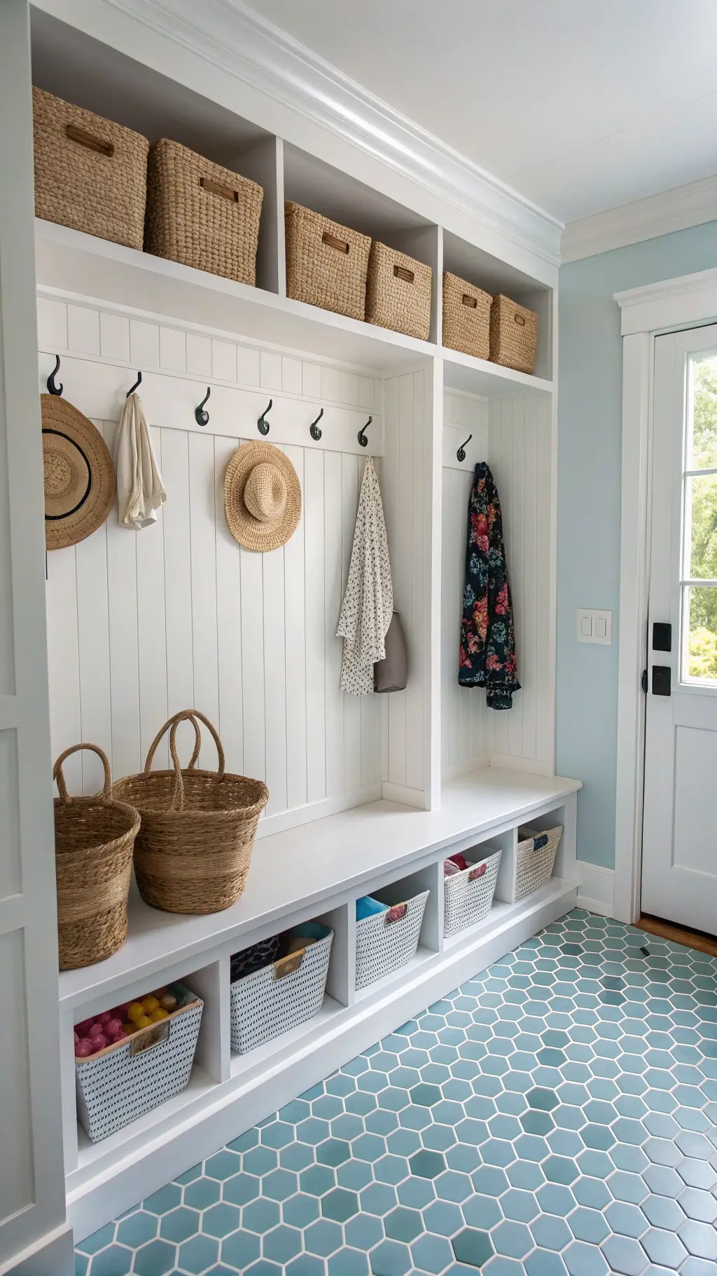 Morning view of a seaside mudroom with organized storage, beadboard walls, soft white bench, and pale blue hexagon floor tiles, displaying beach essentials.