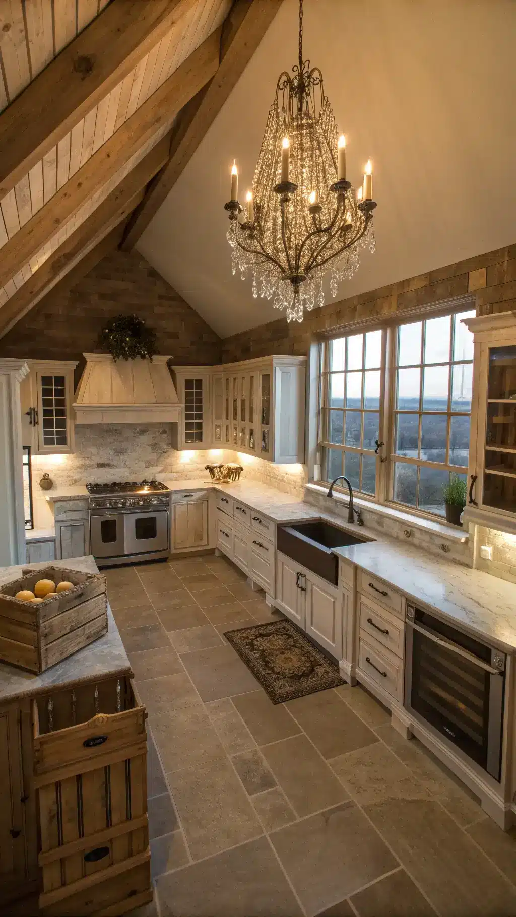 Overhead view of a vaulted ceiling kitchen with white washed oak cabinets, soapstone counters, vintage open shelving, lit by a crystal chandelier during golden hour.