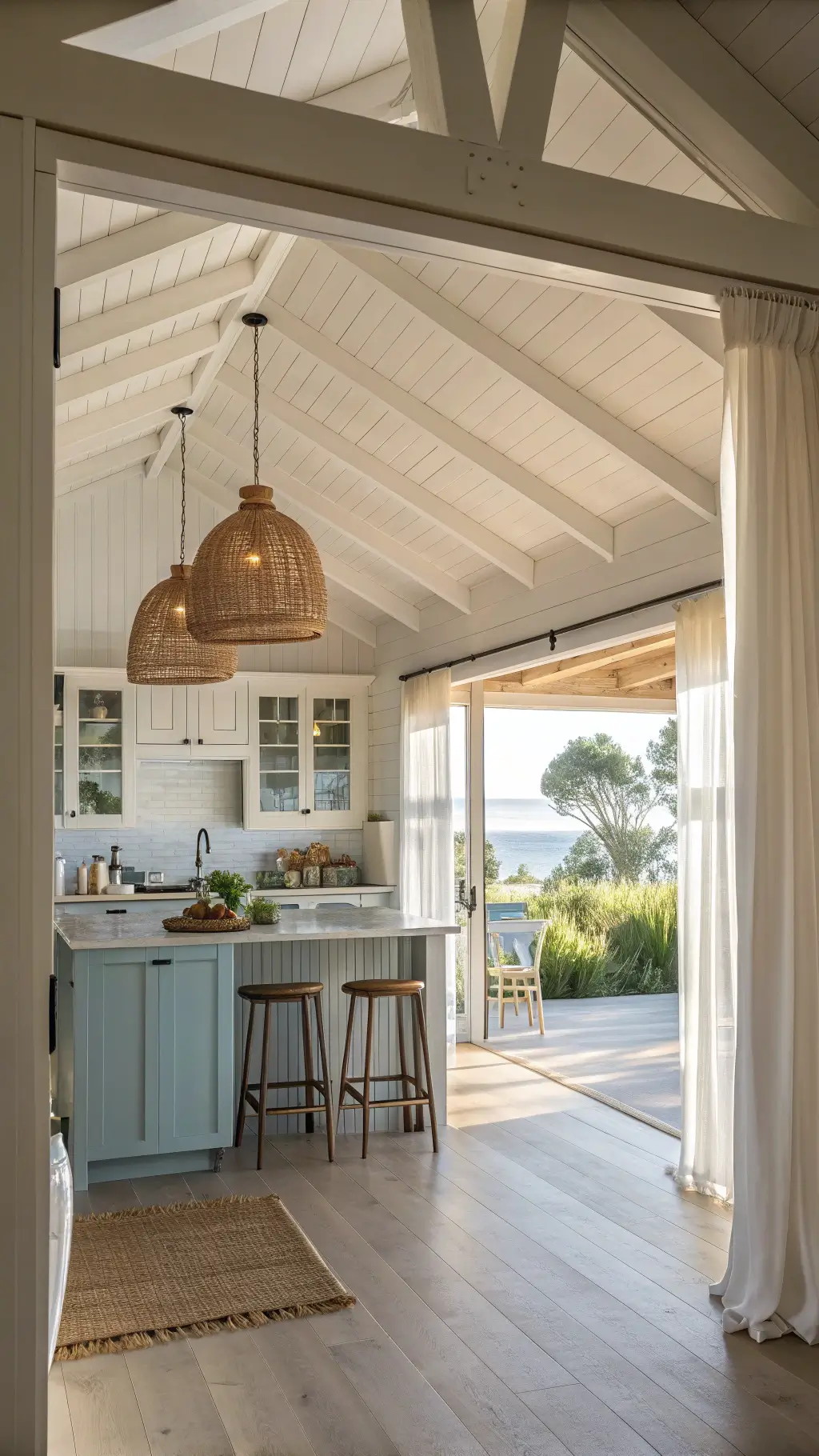 Coastal maple open-concept kitchen with vaulted ceiling, white beams, light maple cabinets, white shiplap accent wall, rattan pendant lights, and woven bar stools in a beachy atmosphere with soft natural lighting.