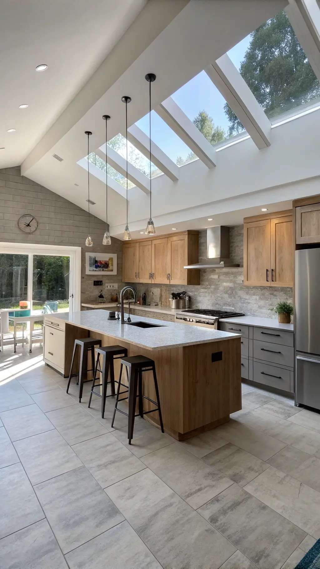 Overhead shot of a contemporary 18x20ft open kitchen featuring two-tone maple cabinets, a waterfall quartz island with modern barstools, afternoon sun illuminating through skylights, and a living wall adding an organic element.