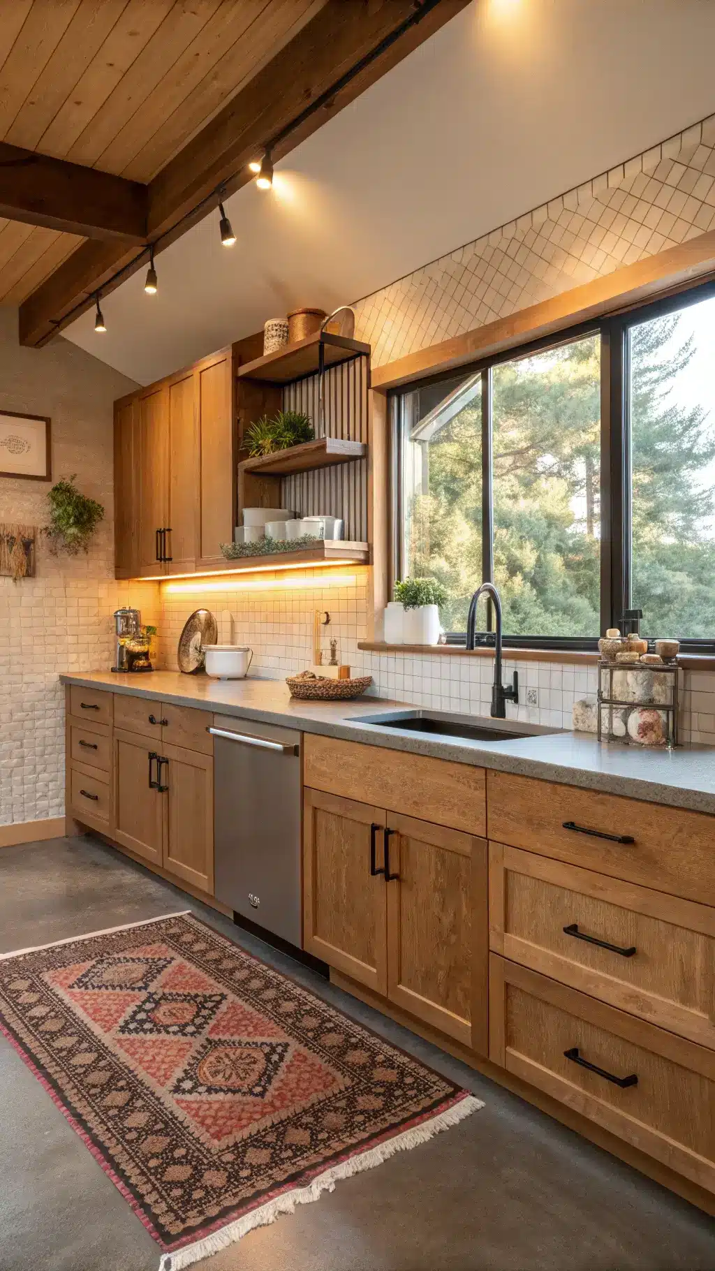 Elevated view of a split-level kitchen with quarter-sawn oak cabinets, concrete counters, blued steel hardware, handwoven textiles, ceramics, and textured backsplash illuminated by golden hour light.