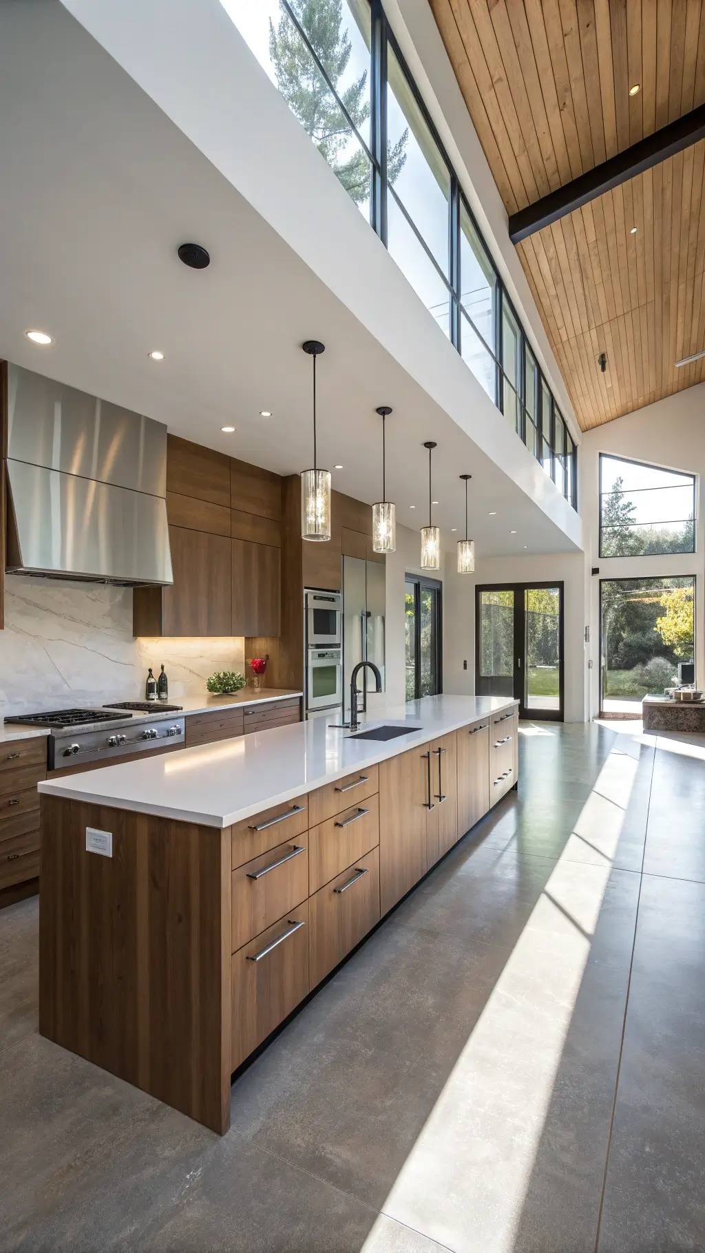 Bird's eye view of a contemporary open kitchen with sleek hickory cabinets, minimalist quartz waterfall island, polished concrete floors, and floor-to-ceiling windows under soft morning light.
