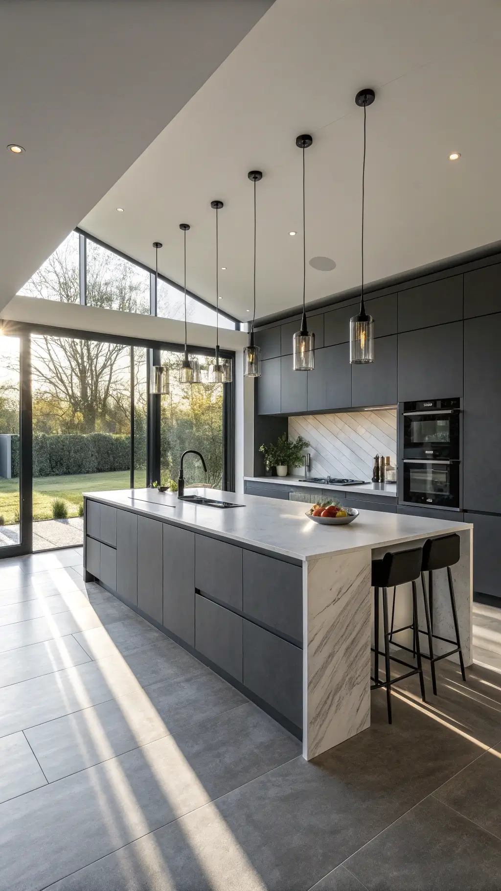 Minimalist kitchen with dark grey high-rise cabinets, white quartz island, matte black appliances, brushed chrome pendant lights, under-cabinet LED lighting, and morning sunlight casting shadows through floor-to-ceiling windows.