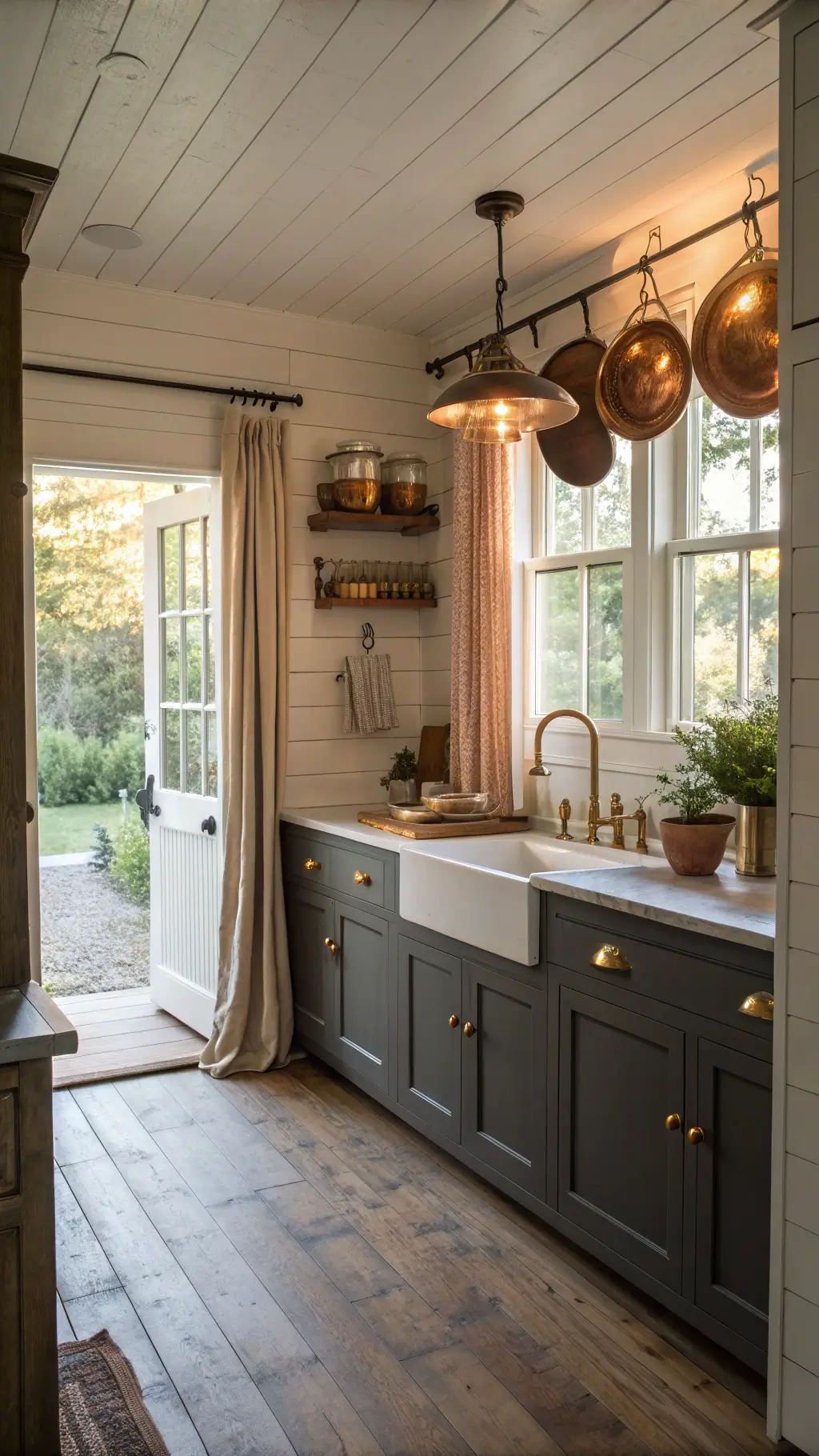 Farmhouse kitchen with grey Shaker cabinets, white shiplap walls, vintage brass hardware, oak floors, and butcher block island during golden hour, viewed from open dutch door leading to garden.