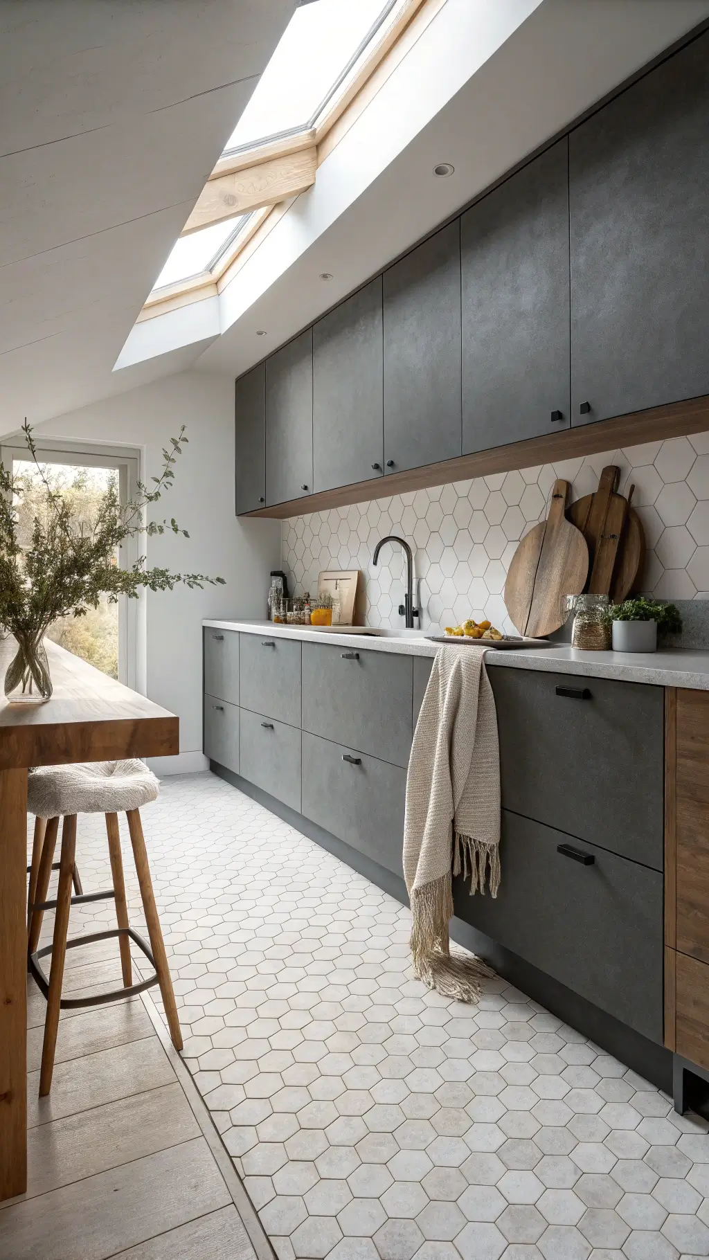 Scandinavian-style kitchen with dark grey cabinets, pale wood accents, concrete counters, white hexagonal tile floor, and sheepskin on bar stool in morning light