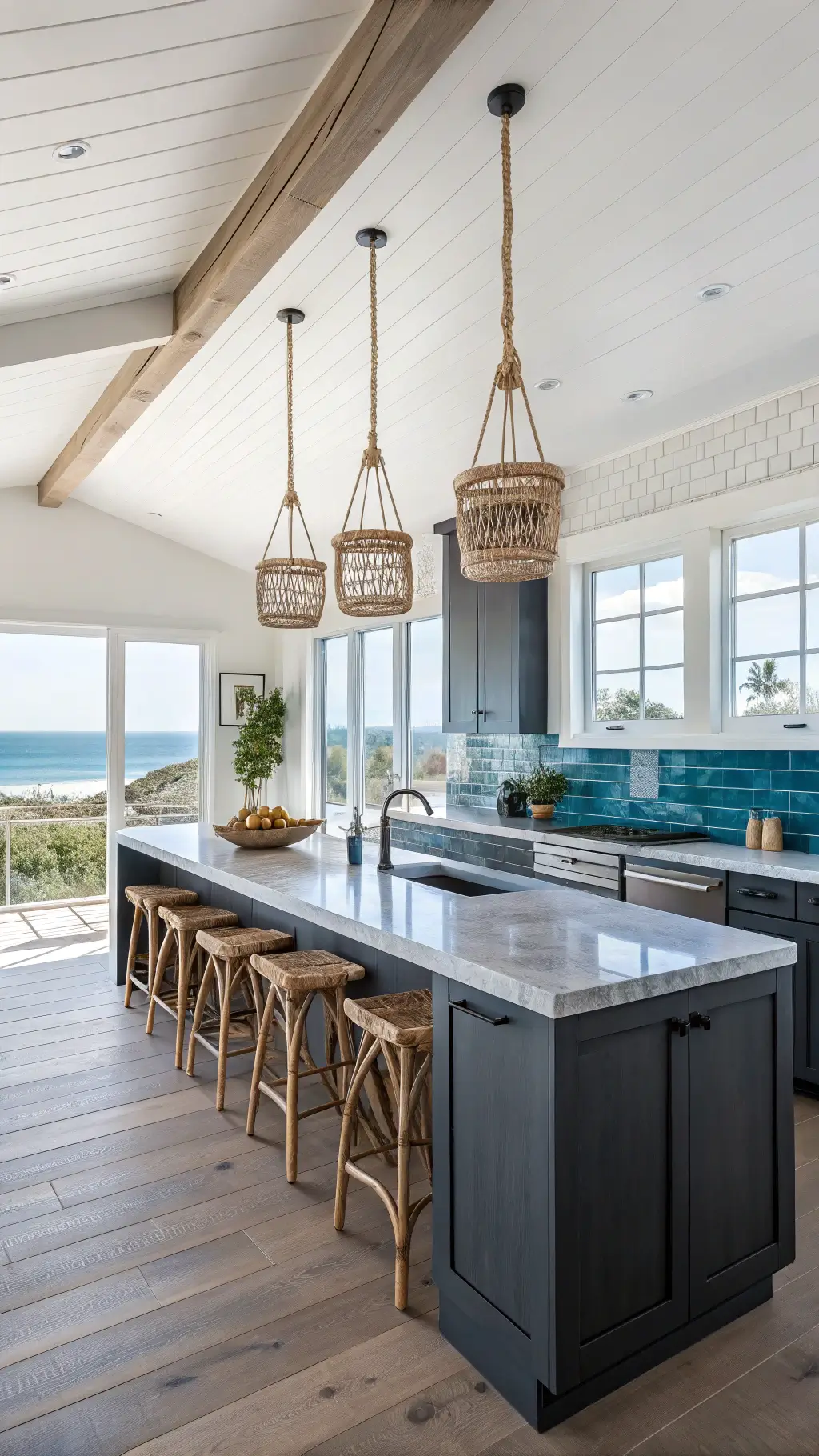 Modern coastal kitchen with dark grey cabinets, blue glass tile backsplash, quartz waterfall counter with rattan bar stools, rope pendant lights and driftwood accents, lit by natural daylight coming through large ocean-facing windows