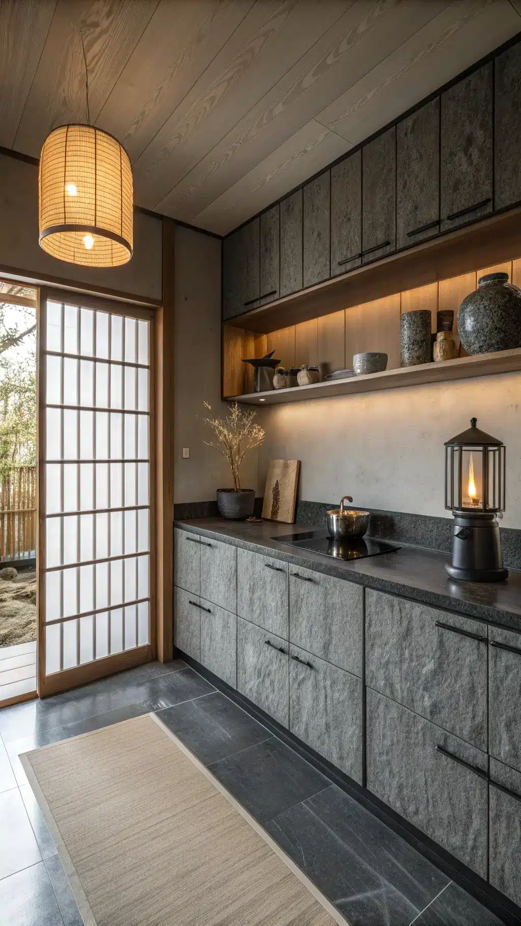 Japanese minimalist kitchen with dawn light filtering through rice paper screens, featuring dark grey cabinets, black granite counters, bamboo accents, ceramic vessels on open shelves, and a paper lantern casting a soft glow