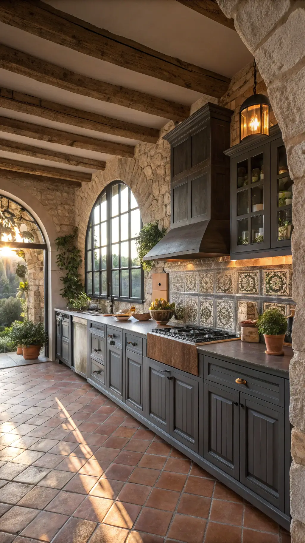 Mediterranean kitchen featuring dark grey rustic cabinets, terracotta floors, hand-painted tiles, copper and iron accents, fresh herbs in pots, viewed through stone archway in the late afternoon sun