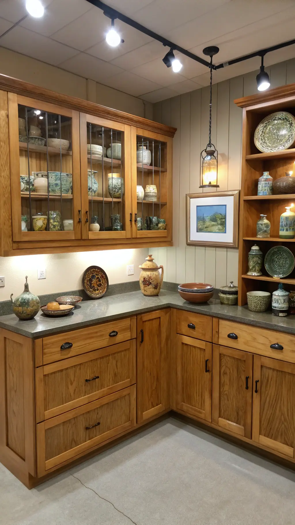 Compact artisan kitchen studio featuring honey oak cabinets, handmade pottery, Edison bulb sconces, open shelving with cookware, with a museum-quality light setting.