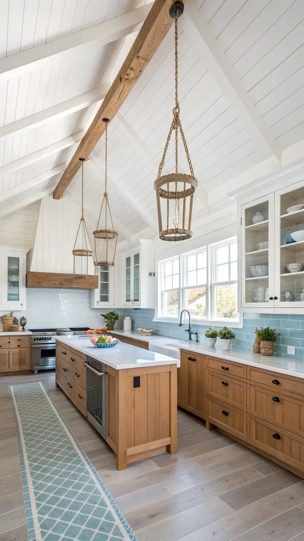 Spacious coastal modern kitchen with vaulted ceilings, honey oak cabinets with white accents, pale blue glass tiles, rope pendant lights, and white shiplap walls contrasted with warm wood tones.