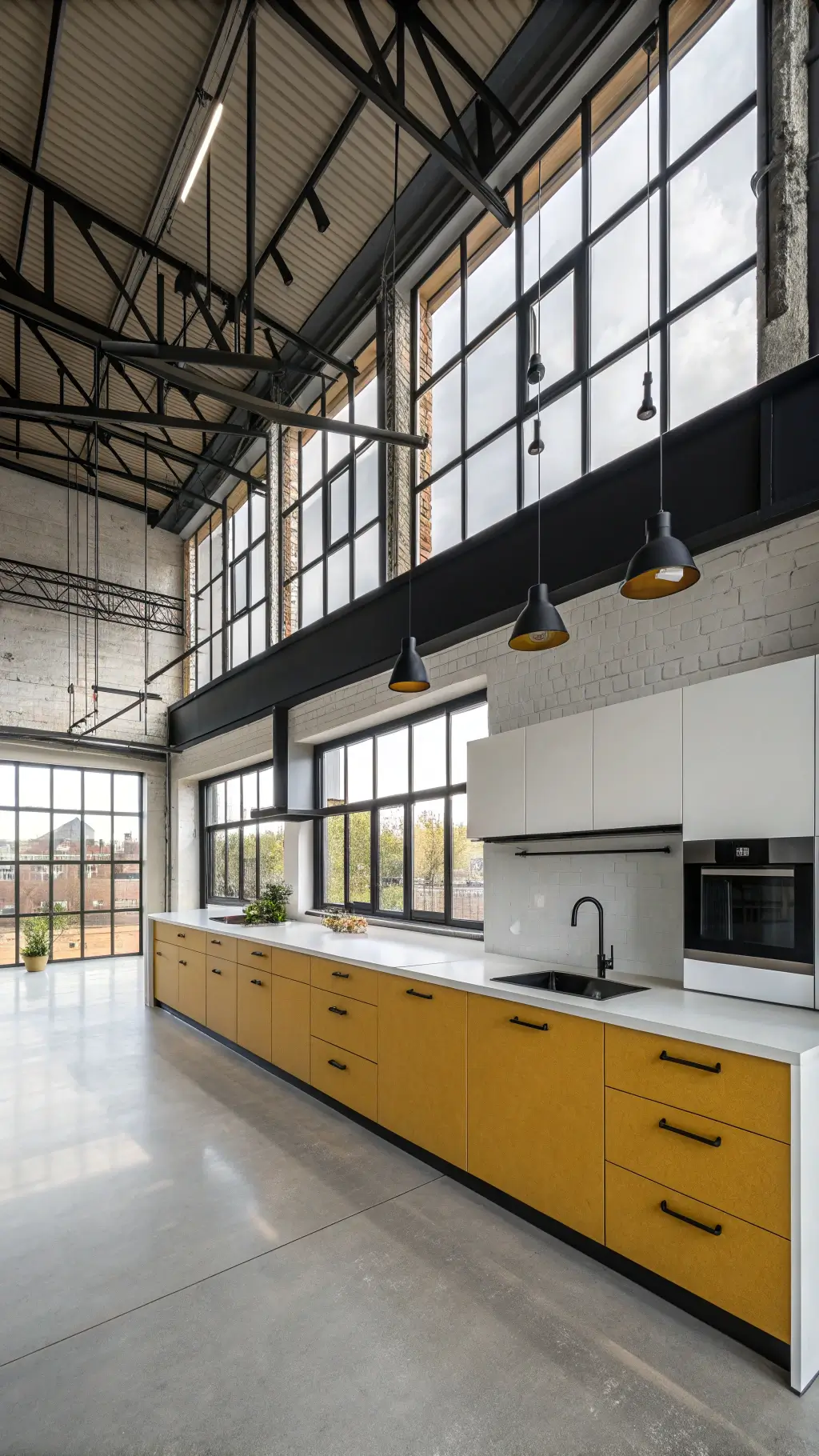 Large open-concept kitchen with mustard yellow lower cabinets, white upper storage, concrete countertops, black hardware, and dramatic pendant lights, illuminated by light through industrial windows.