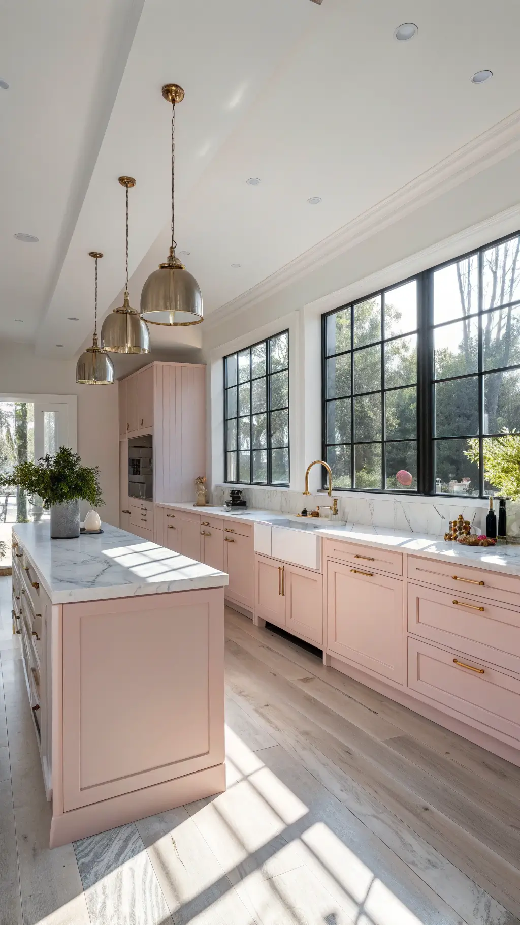 Sunny modern luxury kitchen with blush pink cabinets, gold hardware, white oak flooring, Carrara marble countertops, island with waterfall edges, and styled with copper cookware, white ceramic vases with eucalyptus and brass pendant lights