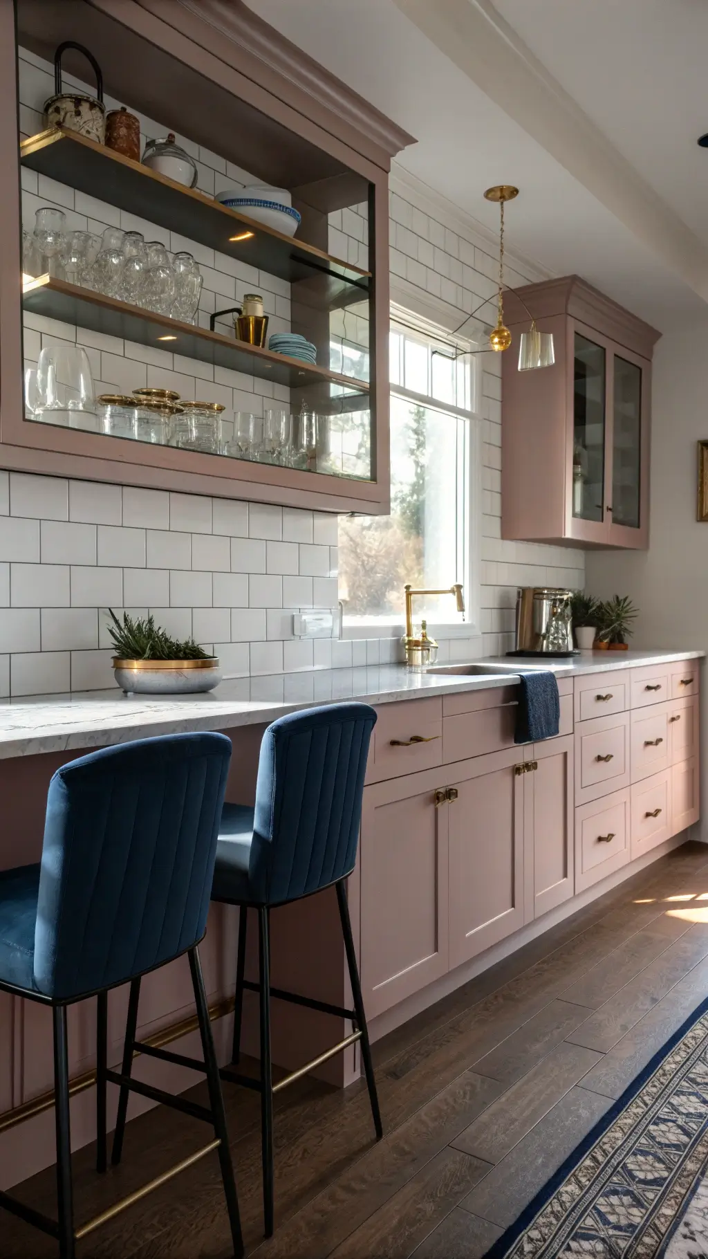 Late afternoon light illuminating a galley kitchen featuring dusty rose cabinets with brass latches, white subway tile backsplash, open shelving filled with artisan pottery and crystal glassware, and navy velvet barstools