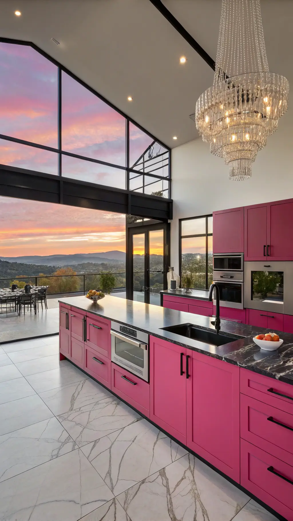 High-end chef's kitchen with hot pink lacquered cabinets, matte black countertops and fixtures, waterfall marble island, professional-grade stainless appliances, and a crystal chandelier, shot from an elevated position.