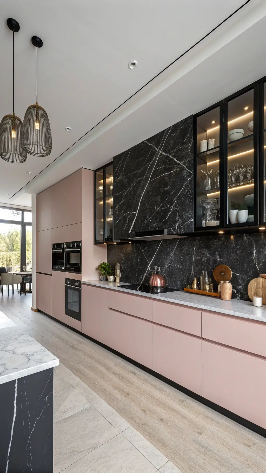 Minimalist kitchen with ballet slipper pink cabinets, black marble backsplash with white veining, smoked glass floating shelves, integrated appliances, brushed nickel pendant lights, wide angle corner shot in a clean architectural photography style at f/11 for detail