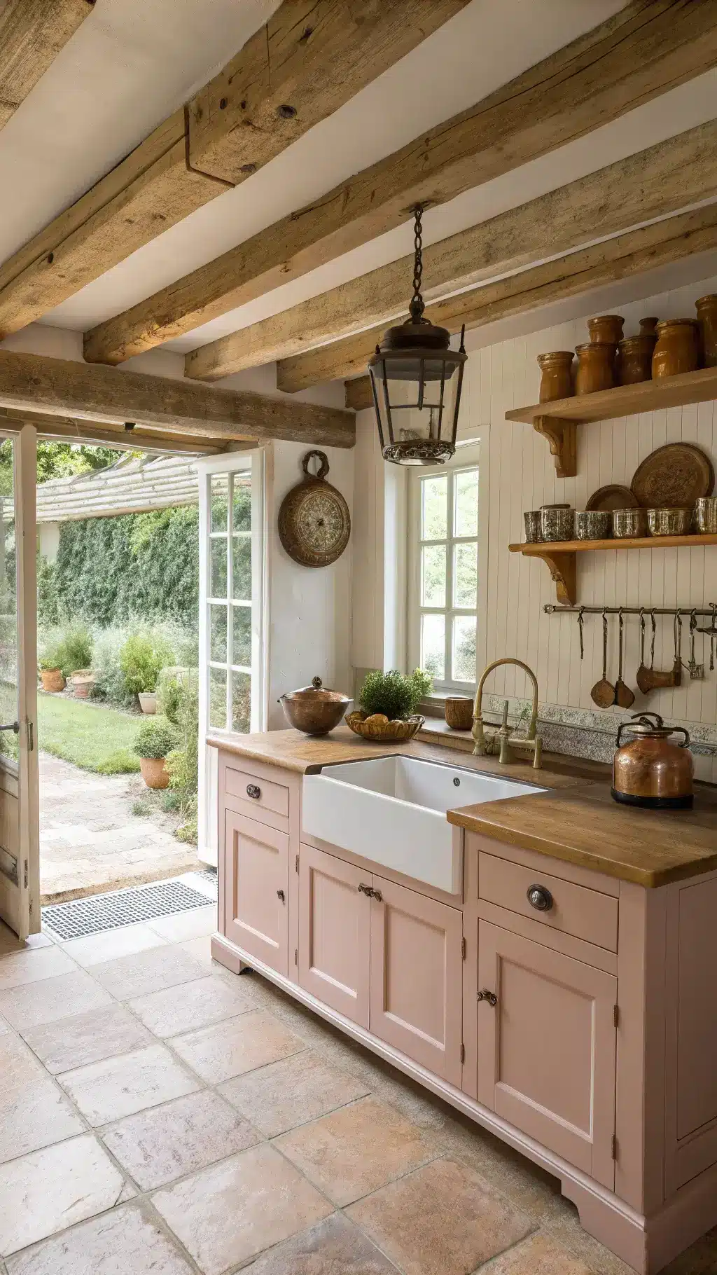Farmhouse-style kitchen with antique rose painted cabinets, white apron sink, butcher block island with vintage scale and ceramic canisters, hanging copper pots, exposed wood ceiling beams, and open French doors leading to a garden, beautifully illuminated by natural light with a rustic appeal.