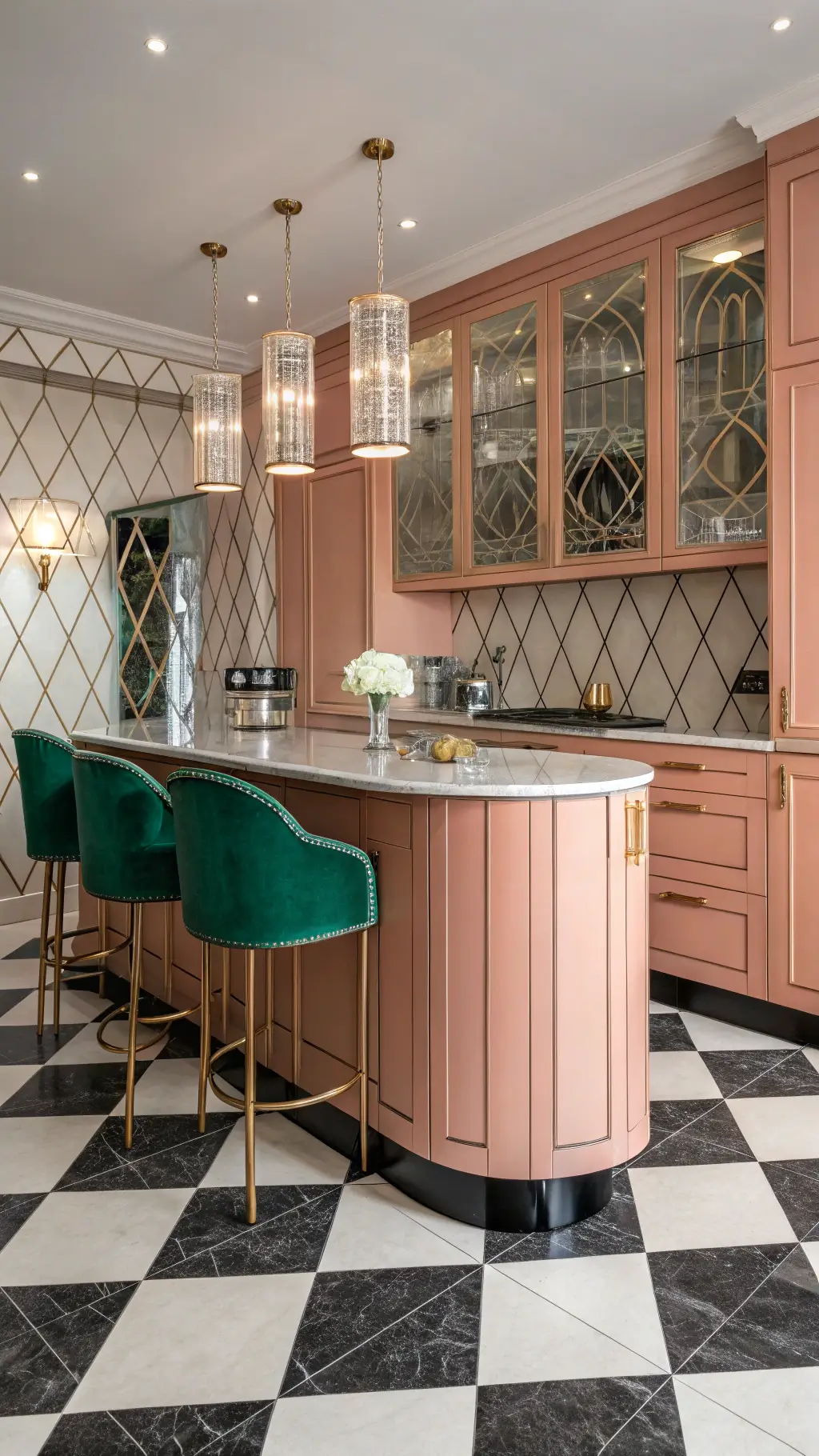 Art Deco kitchen with salmon pink cabinets, brass inlays, checkered floor tiles, emerald green stools, antiqued mirror backsplash, crystal sconces, and geometric wallpaper under dramatic lighting