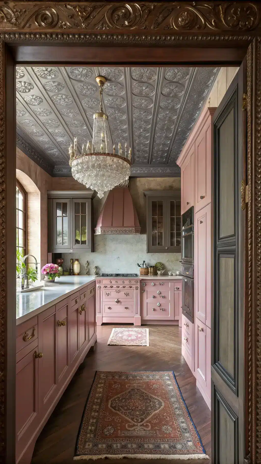 Victorian-style kitchen in dusky pink with hand painted cabinets, ornate moldings, pressed tin ceiling, crystal chandelier over a marble-topped island, and a copper hood with decorative rivets, complemented by an antique rug