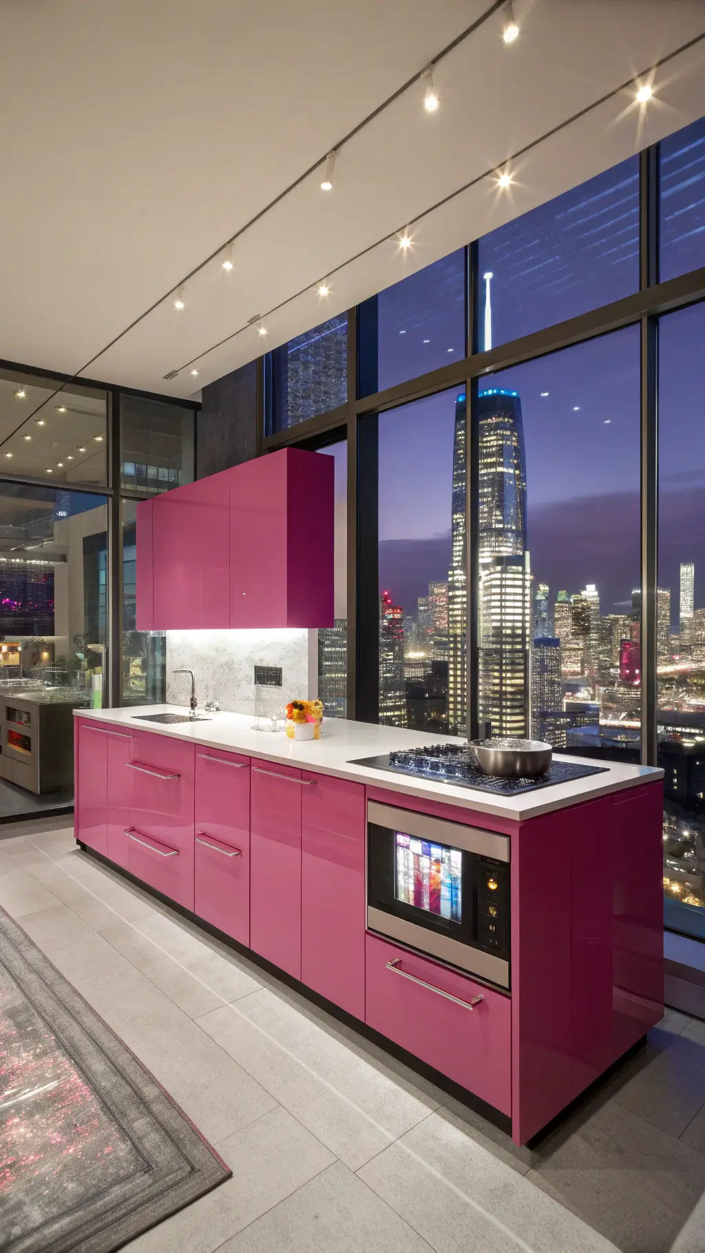 High-tech pink penthouse kitchen with smart appliances and city view at night