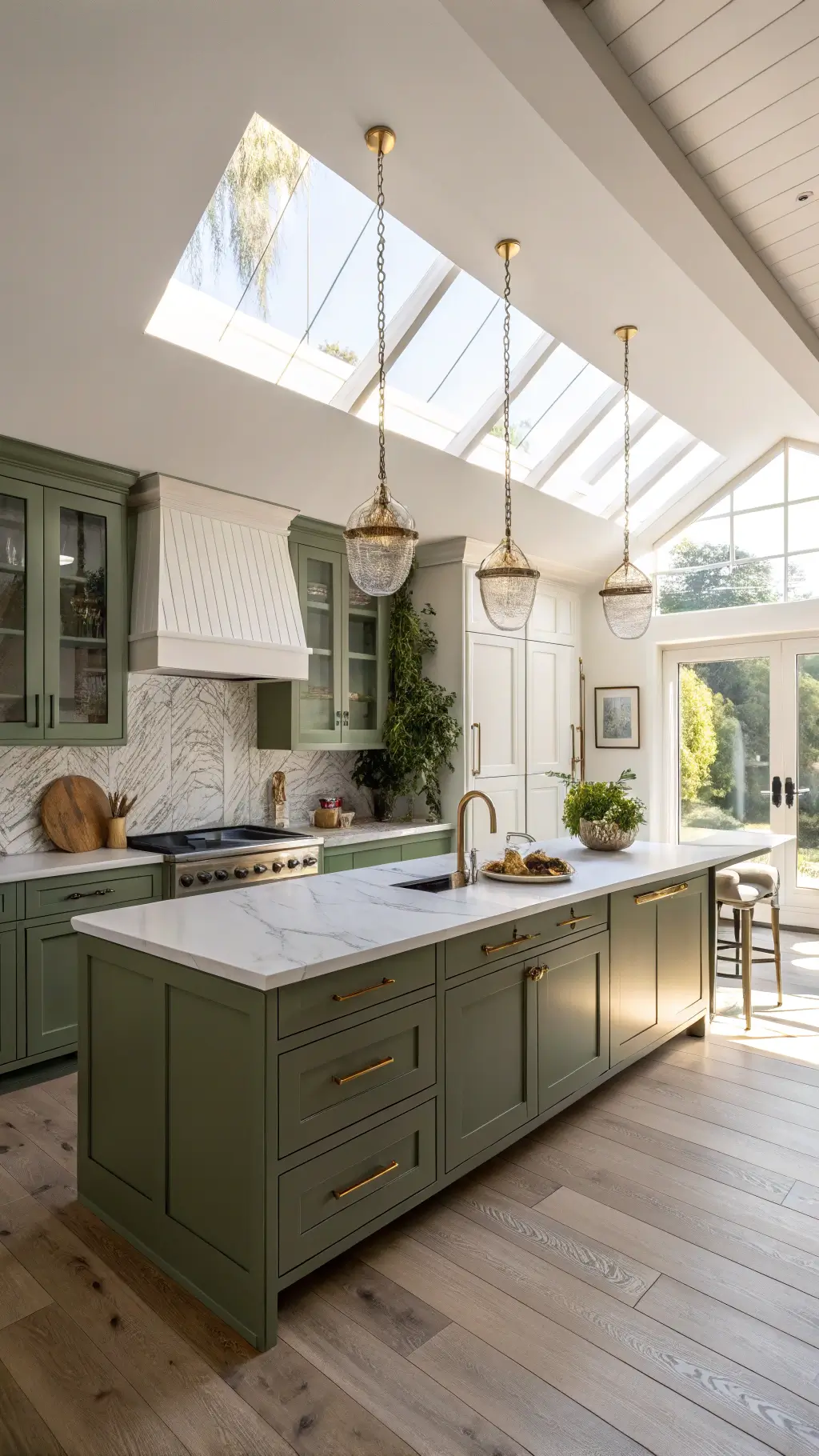 12x15ft kitchen at golden hour highlighting olive-green shaker cabinets, white marble countertops, a massive island with brass pendant lights overhead, white oak floors, breath-taking ceramics, copper cookware and trailing plants.