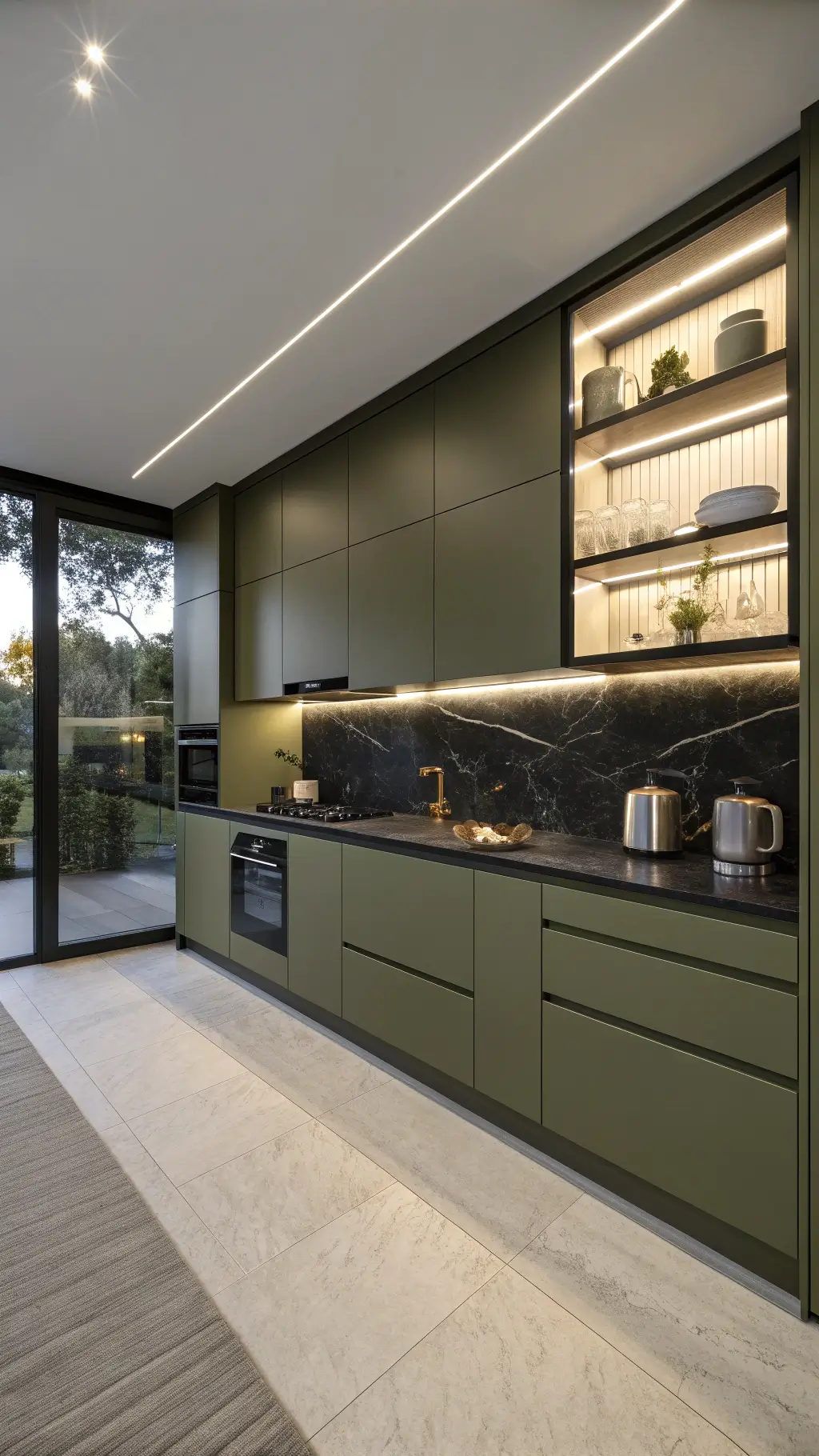 Minimalist kitchen at dusk featuring olive green cabinets, black granite counters, under-cabinet lighting, white oak open shelving with ceramics, and matte black fixtures.
