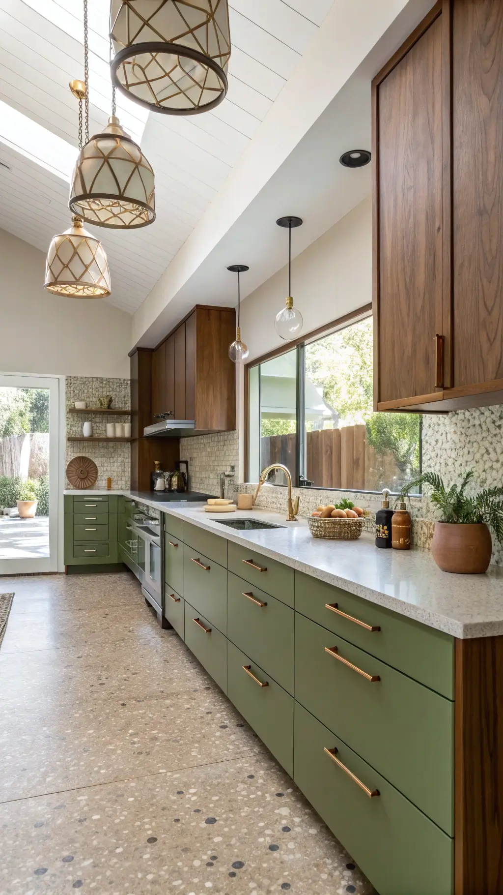 Mid-century inspired kitchen with olive green cabinets, walnut accents, terrazzo countertops, geometric pendant lights, brass details, styled with vintage accessories, architectural pottery on cork flooring illuminated by morning light.