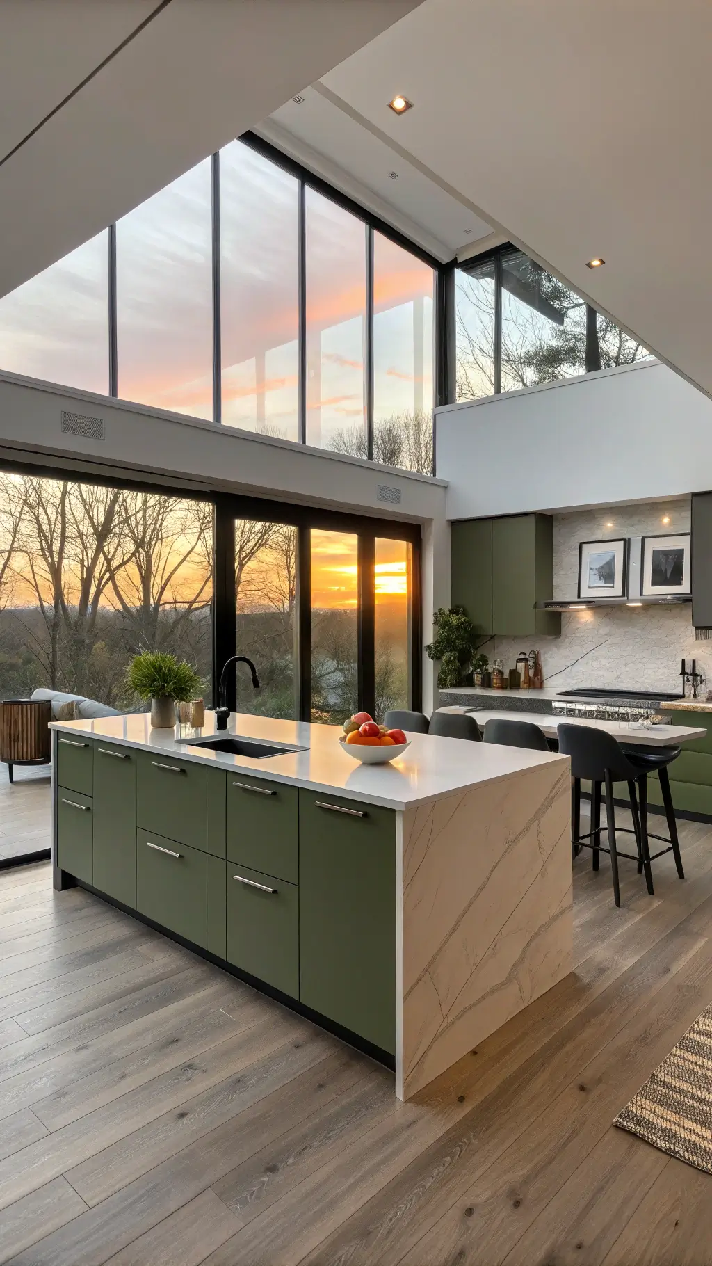 Contemporary open concept kitchen-living space with olive green cabinets, white quartz island, floor-to-ceiling windows showcasing sunset, minimalist decoration, and oak herringbone floors.
