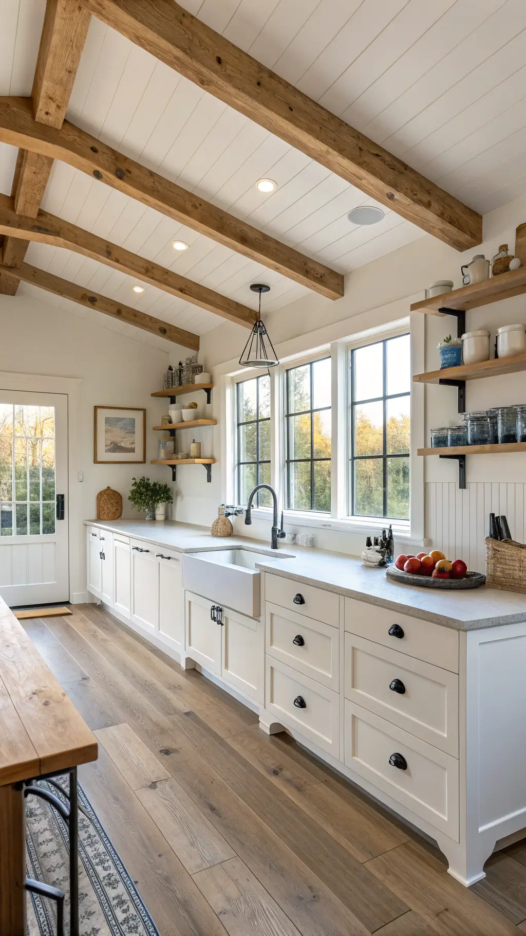 Warm, inviting farmhouse kitchen with high ceilings, white cabinets, large window over ceramic sink, vintage ceramics on open shelves, and a blue Dutch door, bathed in soft golden-hour light.