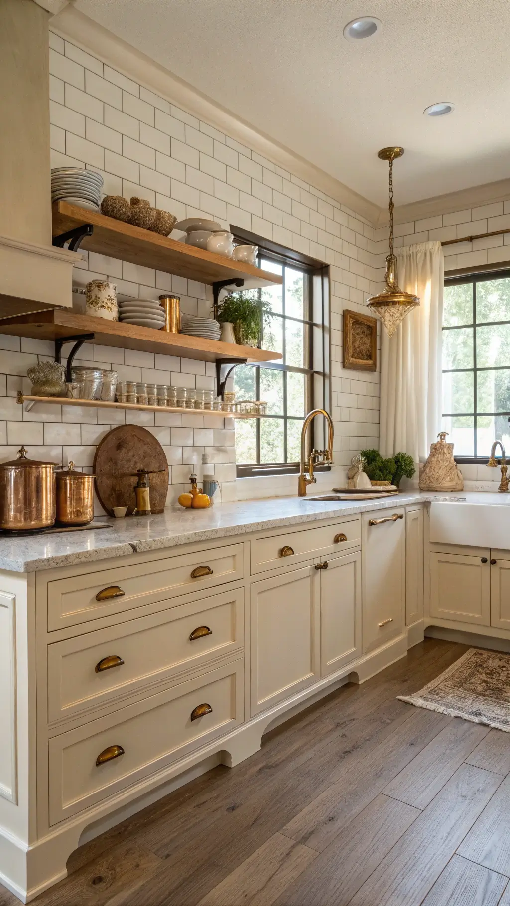 Corner view of a morning-lit farmhouse kitchen with cream-colored cabinets, subway tile backsplash, reclaimed wood shelves, marble countertops, pine floors, and a coffee station.