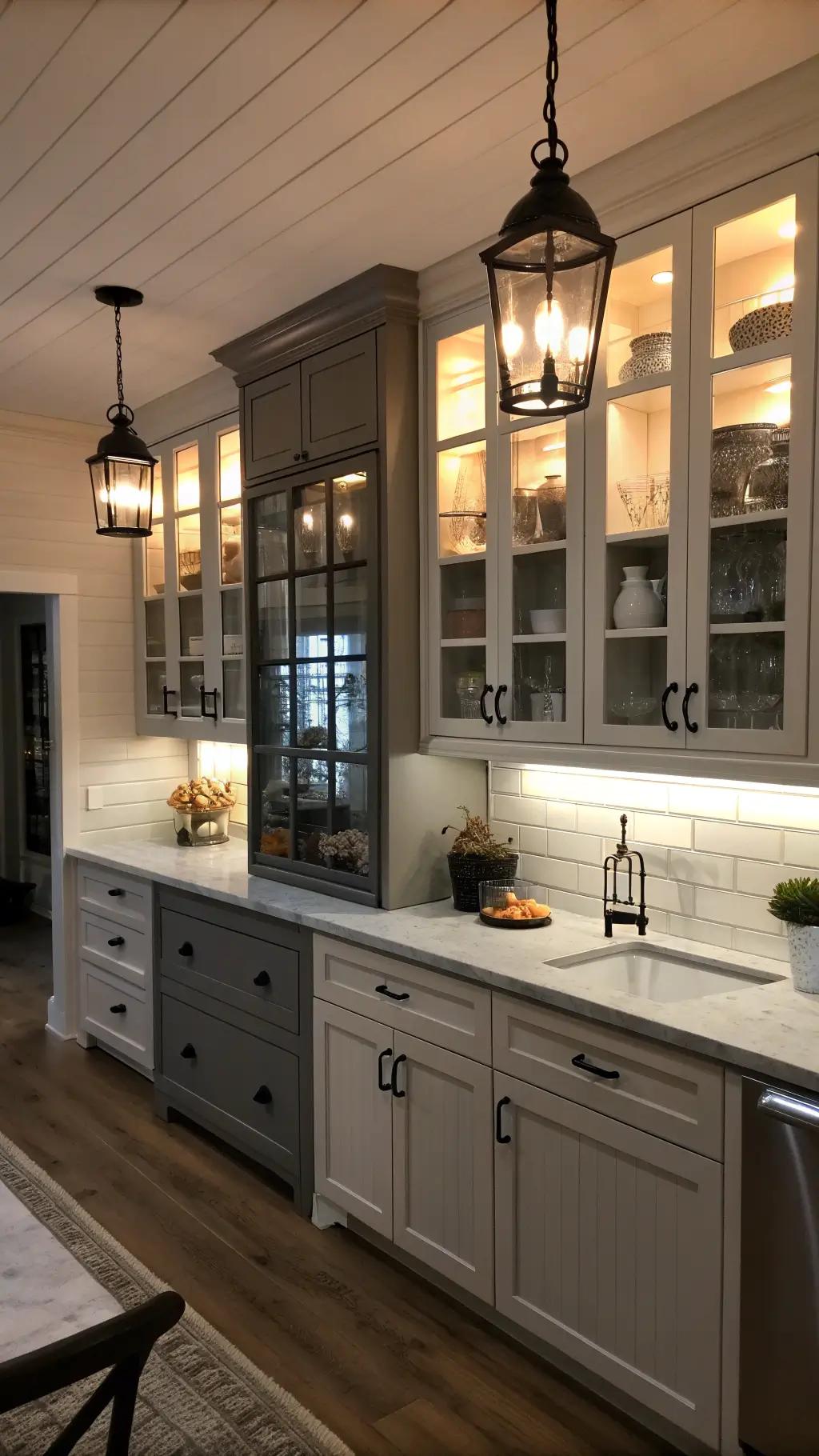 Cozy evening kitchen scene with ambient lighting highlighting the contrast between dove gray lower cabinets and white upper cabinets, oversized vintage pendant lights, black iron hardware, and an illuminated shiplap accent wall showcasing treasures inside glass-front cabinets.
