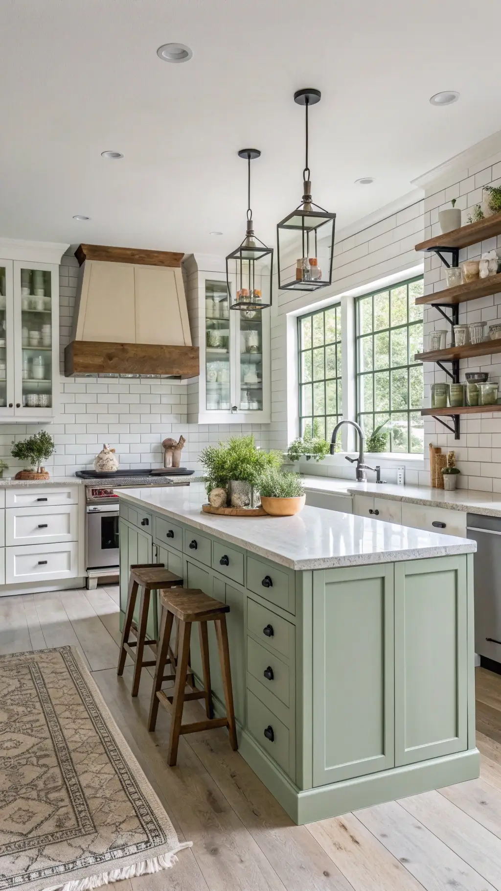 Modern farmhouse kitchen with sage green base cabinets, white upper cabinets, a distressed white oak center island seating four, open shelving with pantry items in matching glass containers, subway tiles that extend to the ceiling, fresh herbs in terra cotta pots, and natural light supplemented by industrial sconces.