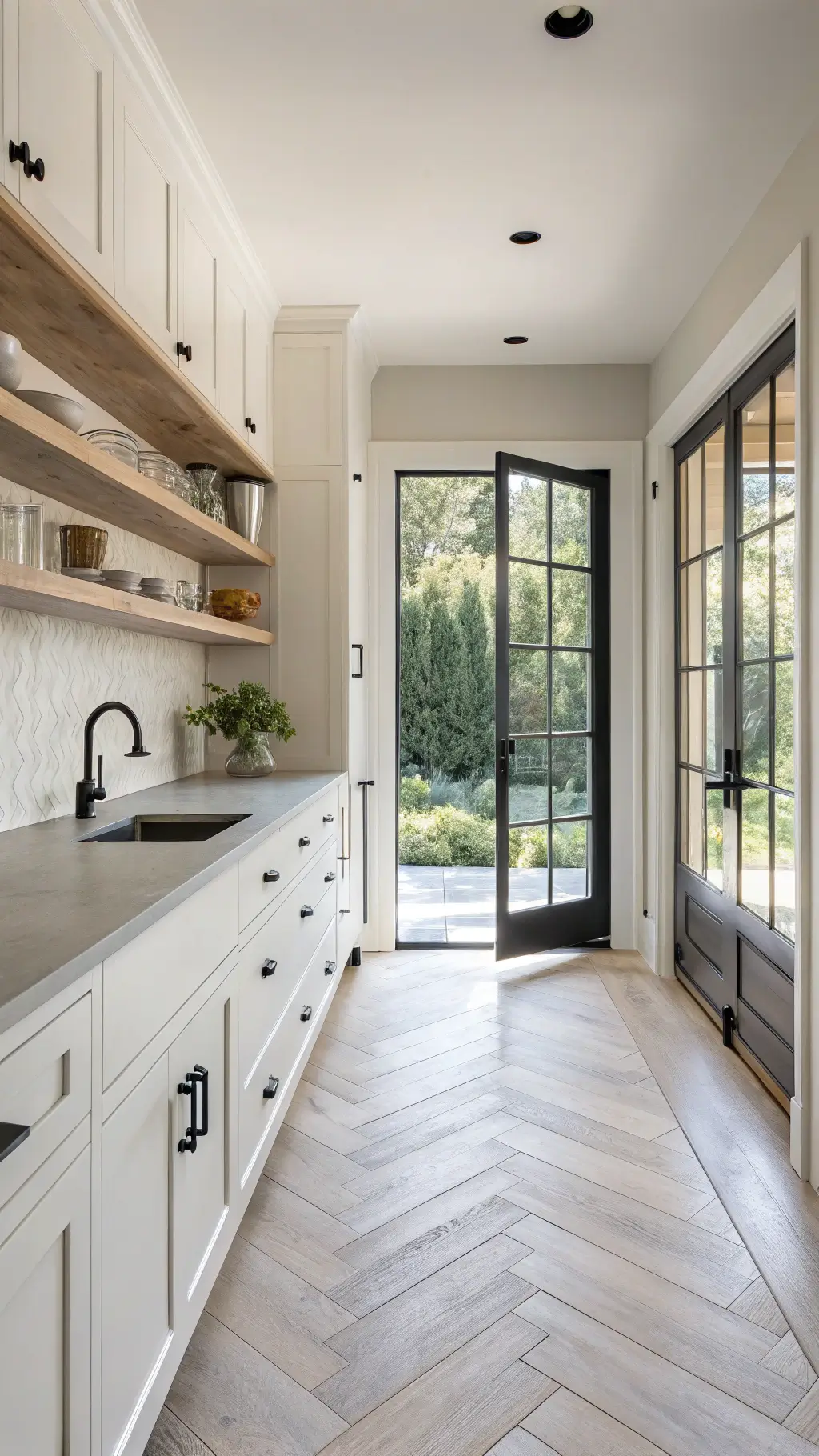 Minimalist farmhouse kitchen with white cabinets, concrete counters, blackened steel open shelves, and chevron-patterned oak flooring bathed in morning light overlooking the garden