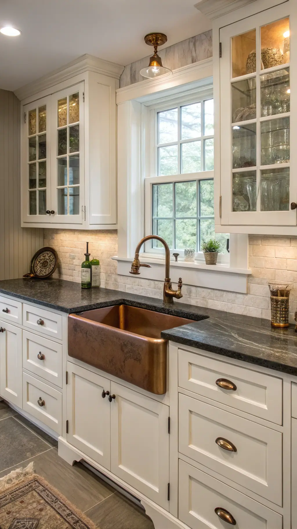 Detail view of a traditional farmhouse kitchen featuring custom white cabinets with glass fronts, soapstone counters and backsplash, copper sink with bridge faucet, and charming beadboard details under soft indirect lighting.
