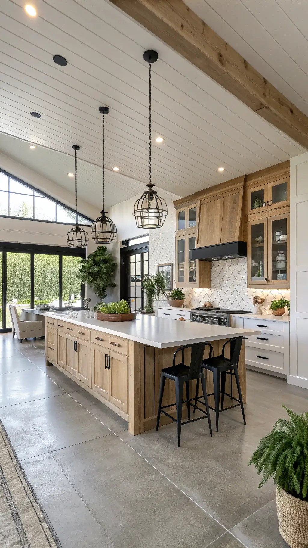 Contemporary farmhouse kitchen with white oak cabinets, black metal details, concrete floors, shiplap walls, large island, indoor plants, and a mix of natural and artificial lighting showcasing indoor-outdoor flow