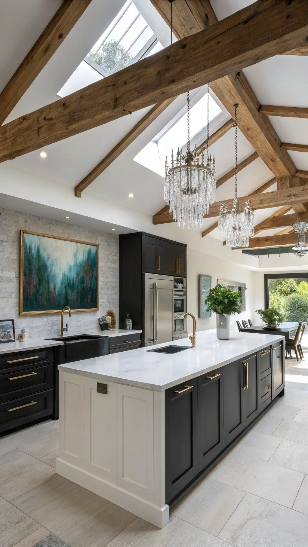 Bright open-concept kitchen with skylight, exposed wooden beams, black cabinets, white island, mixed metal hardware, abstract art, crystal chandelier, white ceramics, and fresh greenery.