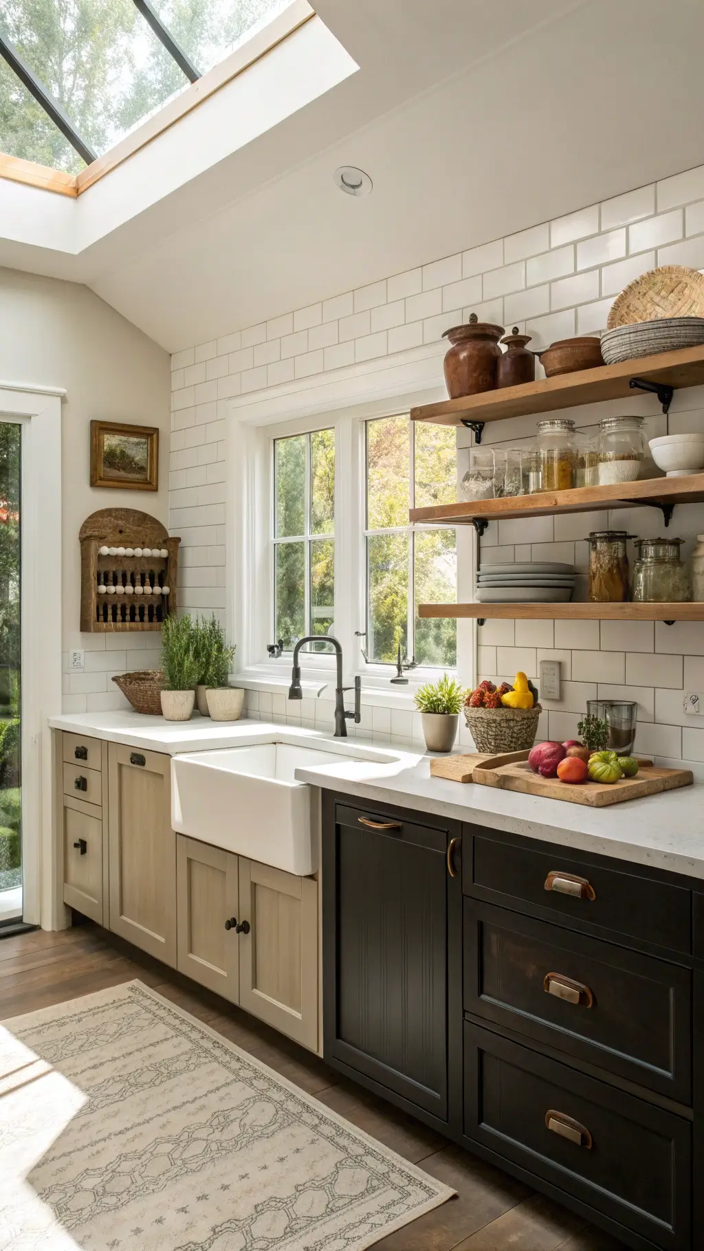 Bright farmhouse kitchen featuring skylights, espresso shaker cabinets with bronze cup pulls, a cream ceramic sink in the island, and white oak shelves displaying vintage collections, all enhanced by natural light.