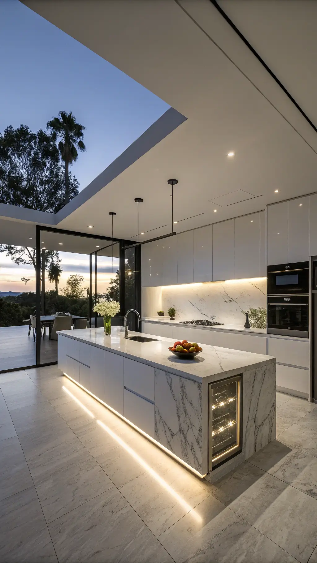 Twilight view of a sleek, minimalist 16x18ft kitchen featuring espresso handleless cabinets, integrated appliances, a massive pure white stone island with LED underlighting, and minimal styling with oversized arrangement and architectural fruit bowl.
