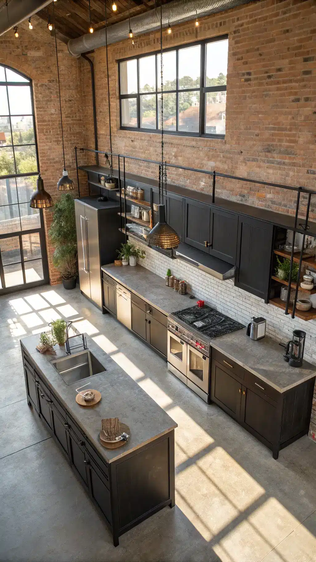 Overhead view of an industrial-chic loft kitchen featuring espresso cabinets, exposed brick walls, black steel open shelving, concrete countertops, vintage factory lights, metal accessories, and professional-grade cookware, bathed in afternoon sunlight.