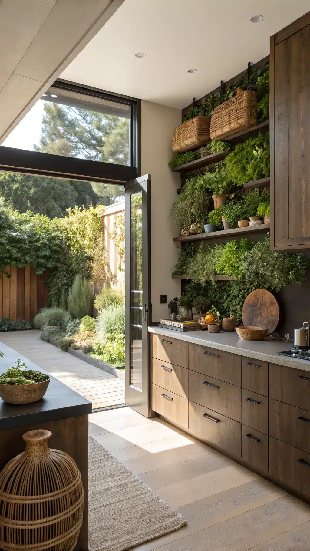 Modern organic kitchen featuring sunlit ambience, espresso cabinets, live-edge wood island, vertical garden wall, handmade ceramics, woven baskets and light-catching copper accents.