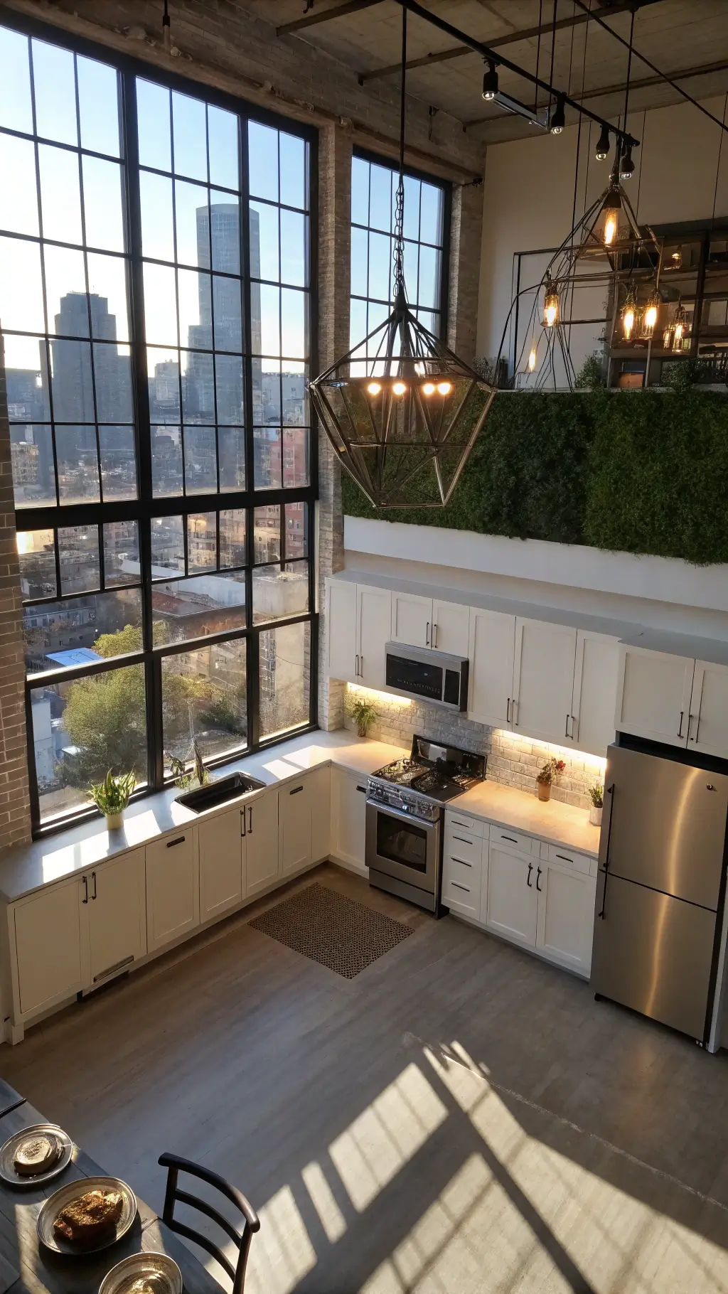 Contemporary urban loft kitchen with antique white cabinets, stainless steel appliances, geometric pendant lights, and herb wall, viewed from mezzanine level with city views through industrial windows.