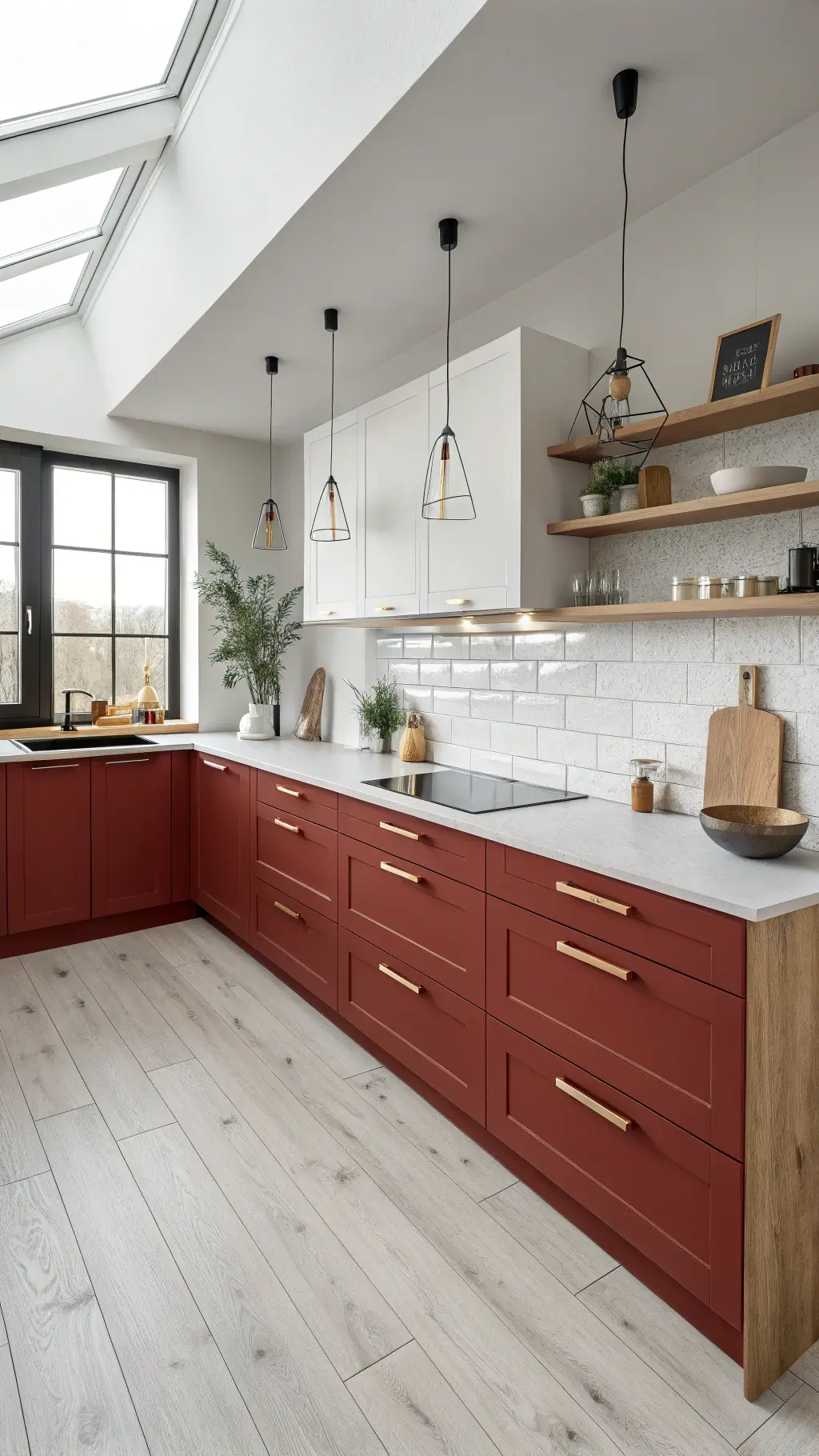 High-angle view of a Scandinavian modern open kitchen with matte cardinal red cabinets, simple wooden pulls, white oak flooring, concrete counters, minimal decor with geometric lighting, and diffused northern light creating soft shadows.