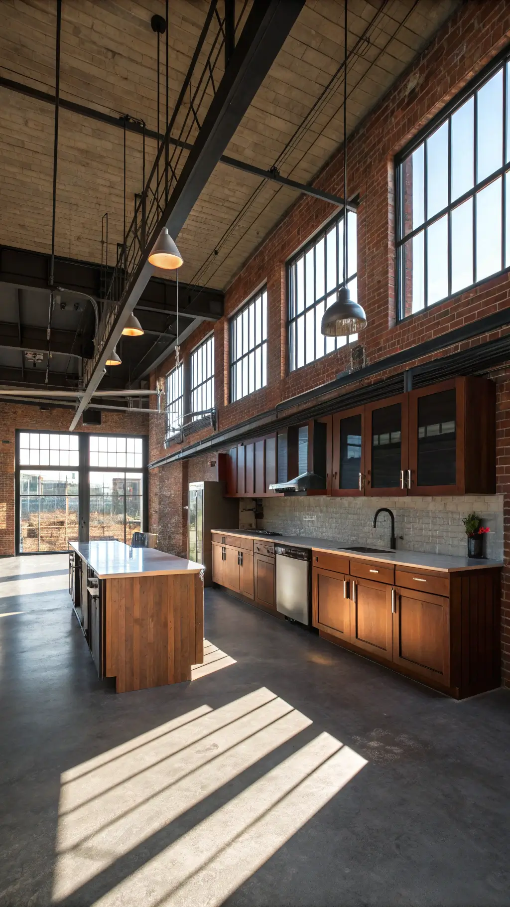 Spacious industrial loft kitchen with natural light from large warehouse windows, cherry wood cabinets with steel frames, exposed brick walls, and concrete countertops, viewed from mezzanine level.