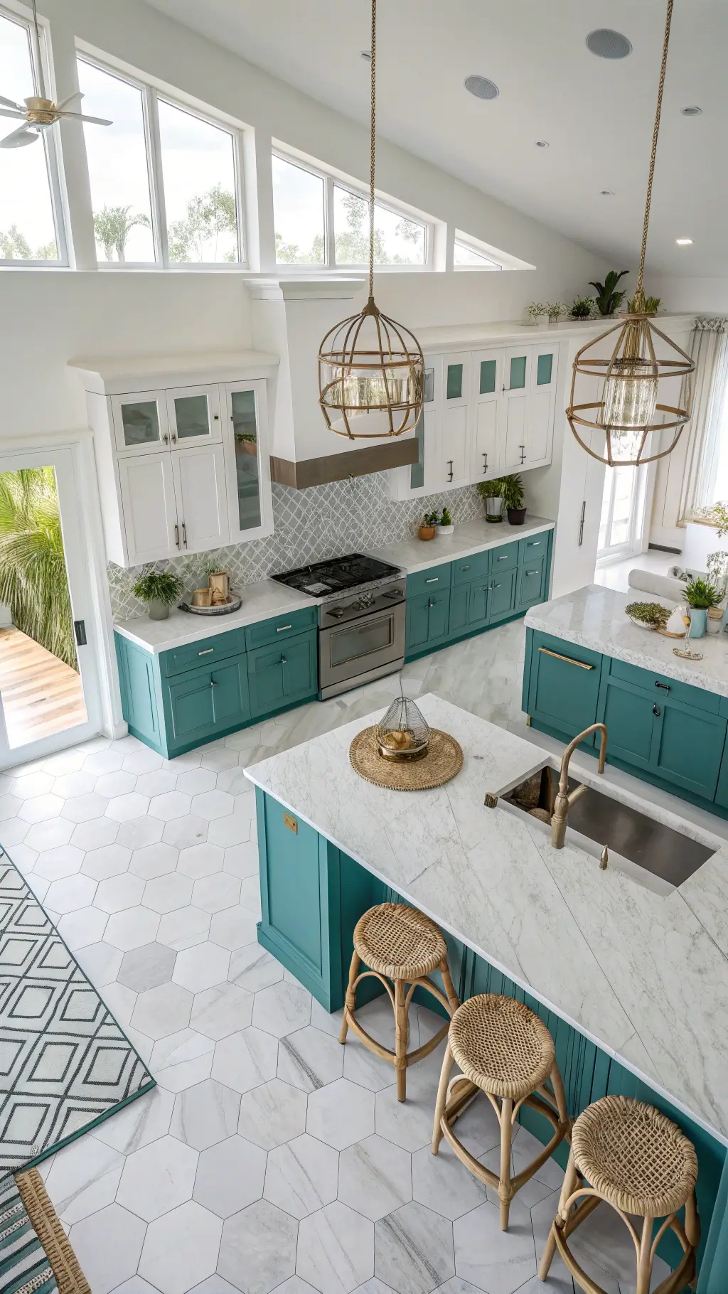 Bird's-eye view of a luxurious coastal teal kitchen with two-tone cabinetry, hexagonal marble floor tiles, rattan pendant lights, and woven bar stools illuminated by diffused skylight.
