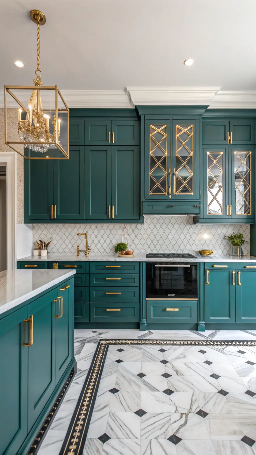 Art Deco inspired kitchen with peacock teal cabinets featuring geometric detail, gold lighting fixtures, and black and white marble flooring
