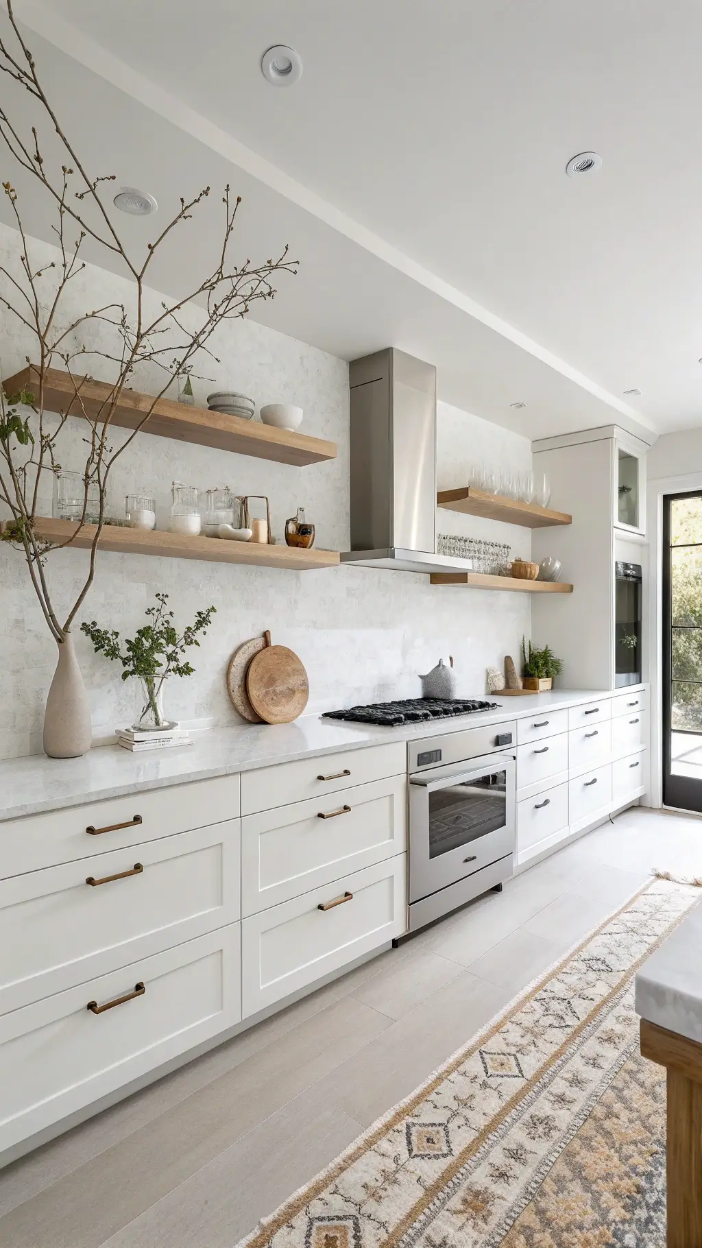 Minimalistic Scandinavian kitchen with white shaker cabinets, pale terrazzo countertops, and white oak floating shelves displaying ceramics, styled with branches and linen textiles, filled with clean morning light