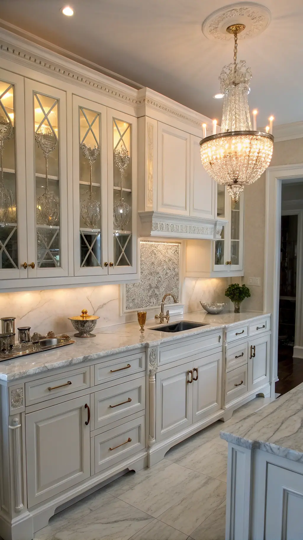 Elegant traditional kitchen with white shaker cabinets, Carrara marble counters, crystal chandelier and silver serving pieces in late afternoon light.