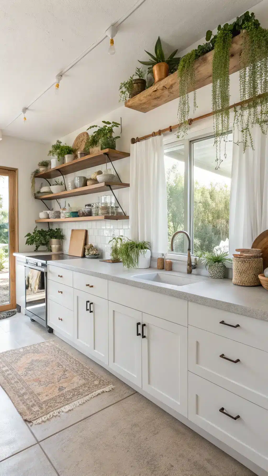 Modern organic kitchen with live-edge wood shelving, white shaker cabinets, concrete countertops, hanging plants, and styled with handmade ceramics and wooden utensils in bright midday light