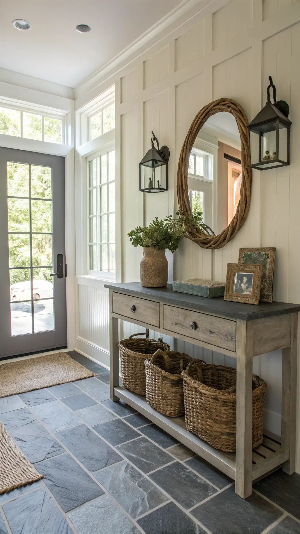 Overhead view of a rustic-entry foyer with a driftwood grey console table, vintage glass demijohns, coiled rope decor, woven market baskets, and large vintage mirror against warm white board and batten walls. Natural light streams through a transom window above a Dutch door highlighting the geometric pattern of the slate and limestone floor.