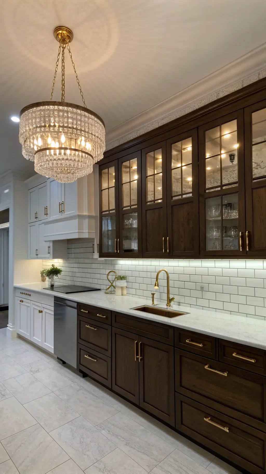 Low-angle view of a dramatic 18x16ft transitional kitchen with dark walnut cabinets, glass uppers, white subway tile backsplash, and crystal chandelier casting shadows during blue hour.