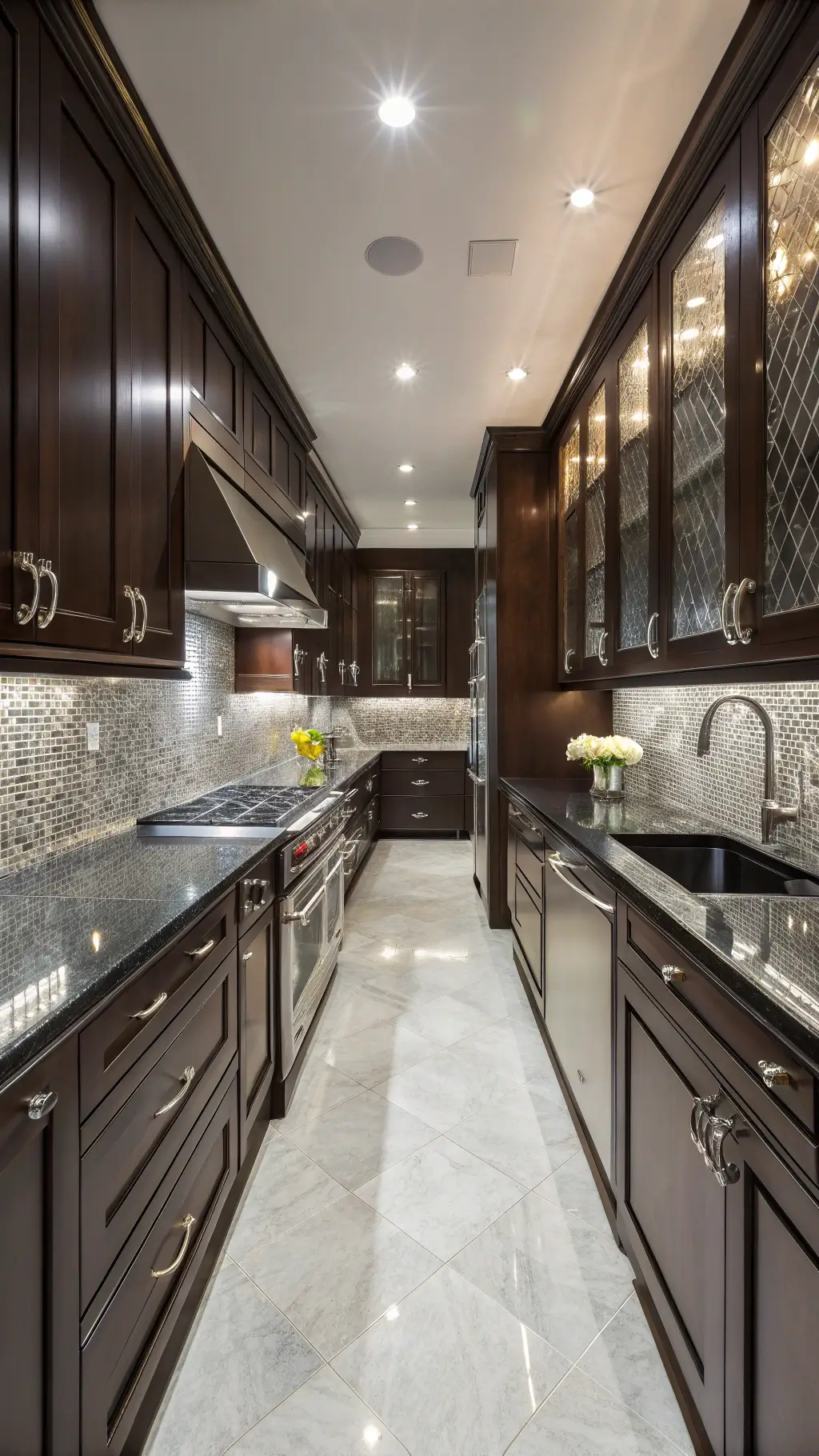 Glossy dark walnut kitchen cabinets with metallic mosaic backsplash, crystal handles, chrome fixtures, and black marble countertops in a symmetrical, well-lit 16x14ft galley kitchen.
